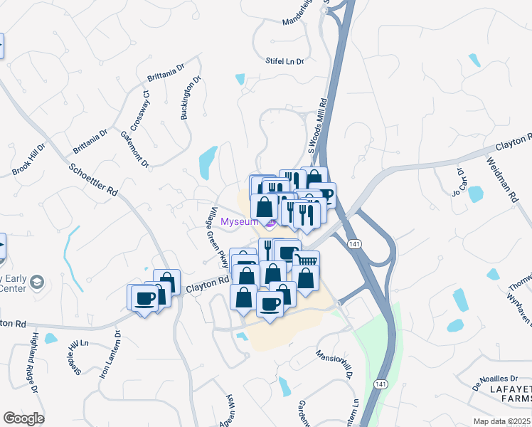 map of restaurants, bars, coffee shops, grocery stores, and more near 233 Lamp and Lantern Village in Town and Country