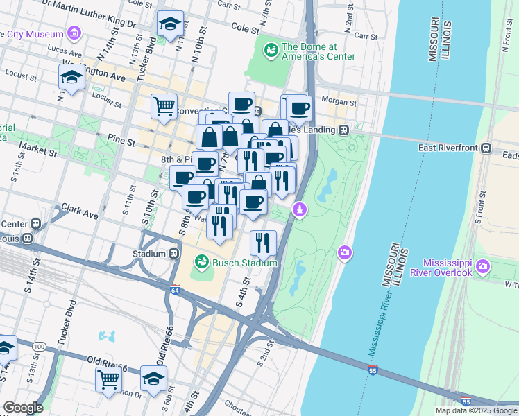 map of restaurants, bars, coffee shops, grocery stores, and more near 11 North 4th Street in St. Louis
