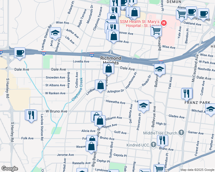 map of restaurants, bars, coffee shops, grocery stores, and more near 7466 Arlington Drive in Richmond Heights