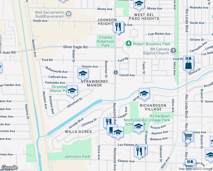 map of restaurants, bars, coffee shops, grocery stores, and more near 316 Fairbanks Avenue in Sacramento