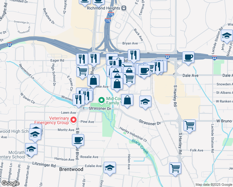 map of restaurants, bars, coffee shops, grocery stores, and more near 836 Hanley Industrial Court in Brentwood
