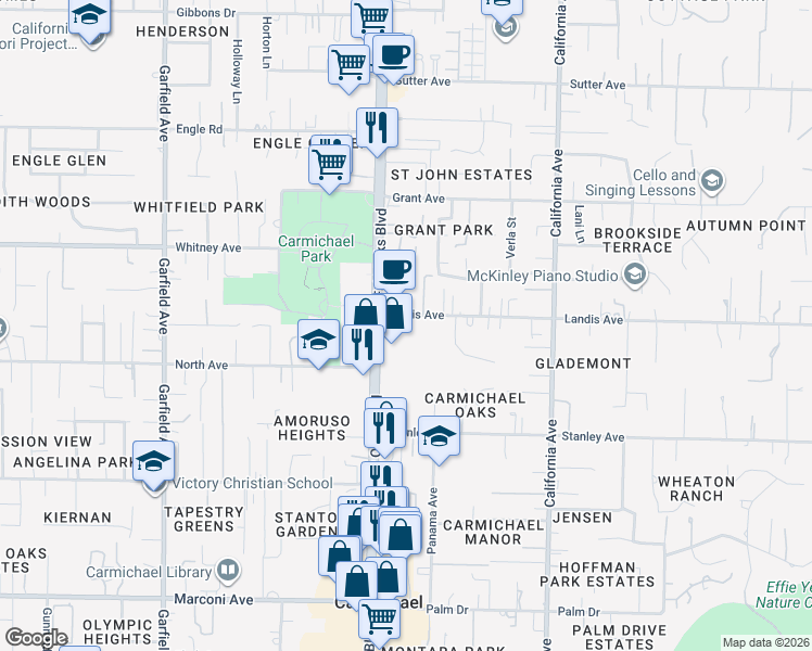 map of restaurants, bars, coffee shops, grocery stores, and more near in Carmichael