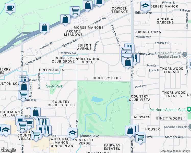 map of restaurants, bars, coffee shops, grocery stores, and more near 3205 Pope Avenue in Sacramento