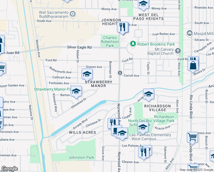 map of restaurants, bars, coffee shops, grocery stores, and more near 268 Olmstead Drive in Sacramento