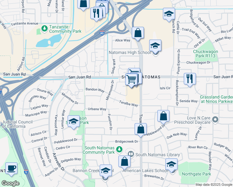 map of restaurants, bars, coffee shops, grocery stores, and more near 1 Walbrook Court in Sacramento