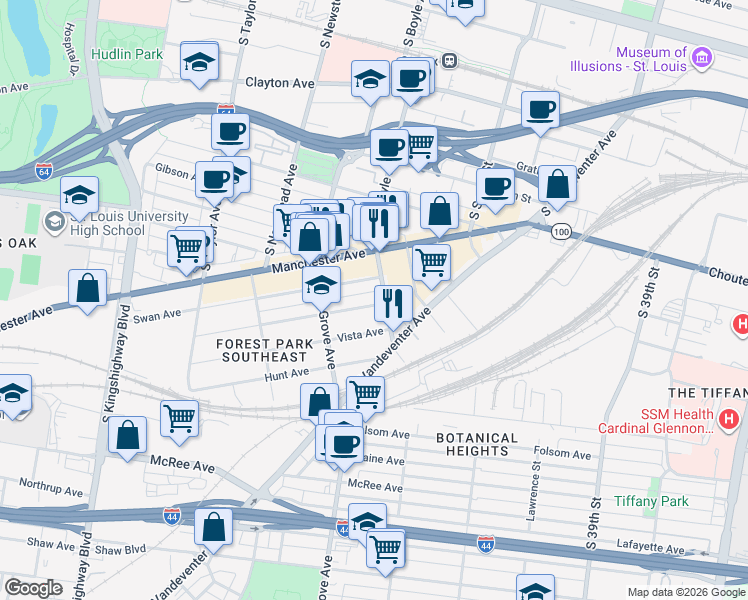 map of restaurants, bars, coffee shops, grocery stores, and more near 4237 Vista Avenue in St. Louis