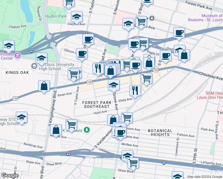 map of restaurants, bars, coffee shops, grocery stores, and more near 1308 Tower Grove Avenue in St. Louis