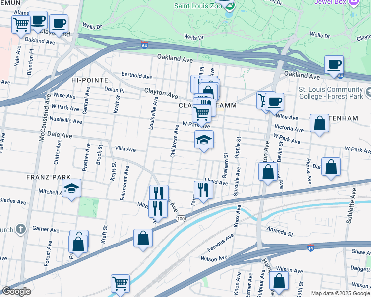 map of restaurants, bars, coffee shops, grocery stores, and more near 1378 Childress Avenue in St. Louis