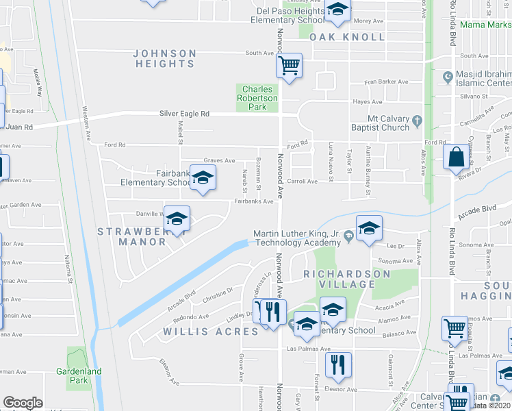 map of restaurants, bars, coffee shops, grocery stores, and more near 314 Fairbanks Avenue in Sacramento