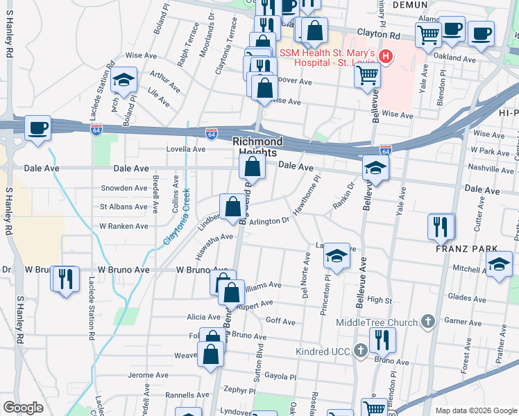 map of restaurants, bars, coffee shops, grocery stores, and more near 7466 Arlington Drive in Richmond Heights