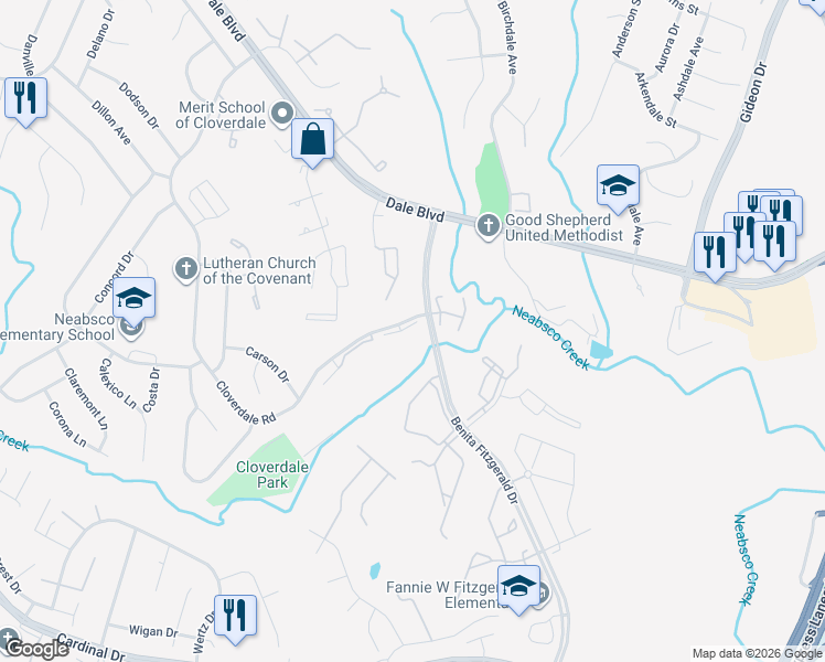 map of restaurants, bars, coffee shops, grocery stores, and more near 15278 Cloverdale Road in Woodbridge