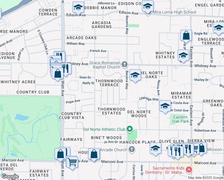 map of restaurants, bars, coffee shops, grocery stores, and more near 3233 Eastwood Road in Sacramento