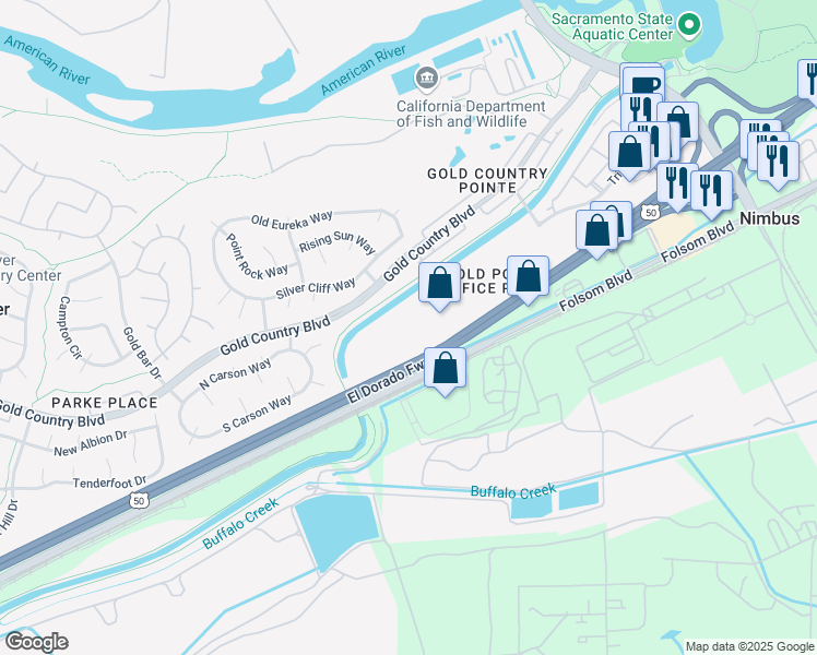 map of restaurants, bars, coffee shops, grocery stores, and more near 11931 Foundation Place in Gold River