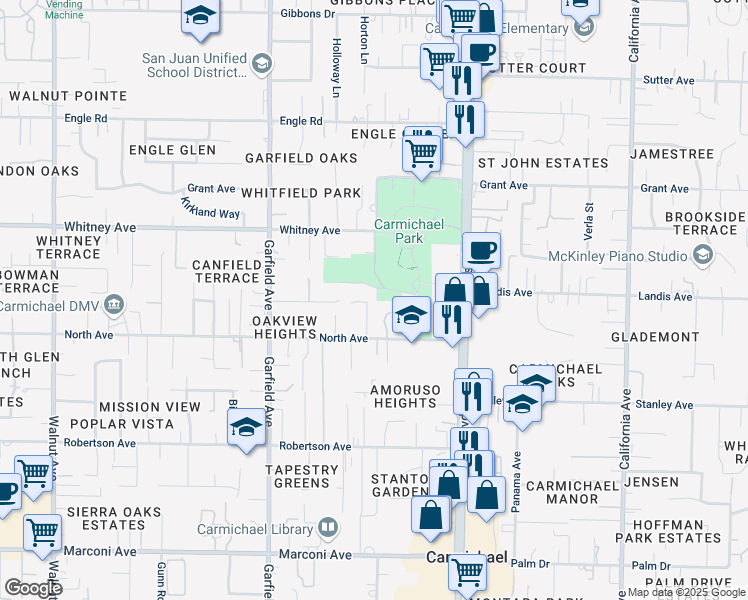 map of restaurants, bars, coffee shops, grocery stores, and more near 3328 Oak Stream Court in Carmichael