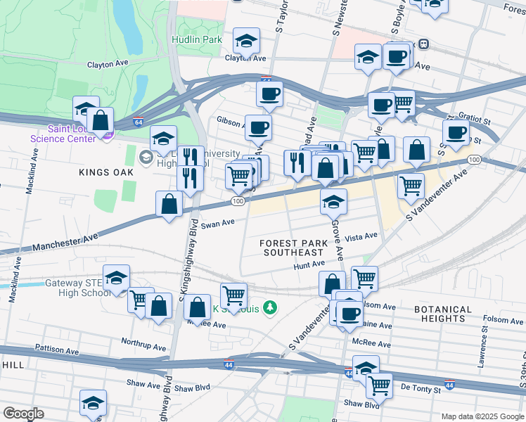 map of restaurants, bars, coffee shops, grocery stores, and more near 4439 Swan Avenue in St. Louis