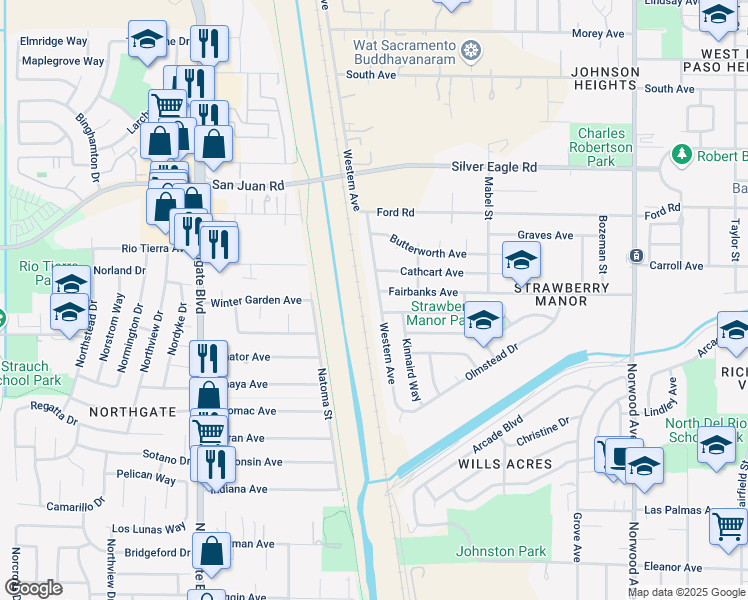map of restaurants, bars, coffee shops, grocery stores, and more near 3287 Western Avenue in Sacramento