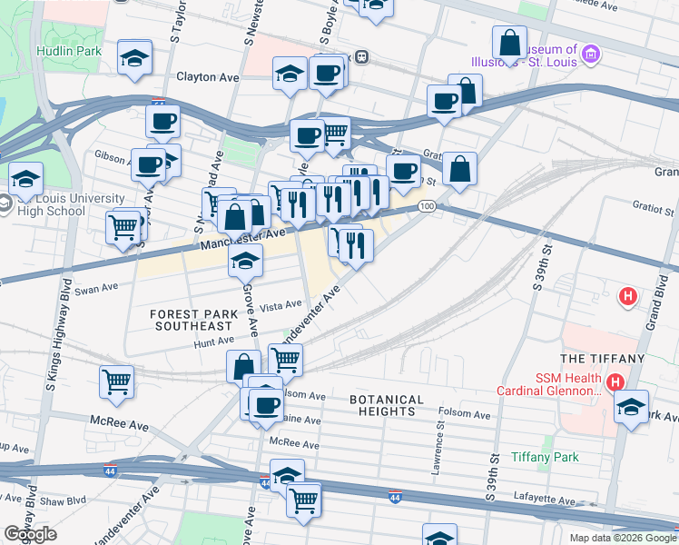 map of restaurants, bars, coffee shops, grocery stores, and more near 1138 Kentucky Avenue in St. Louis