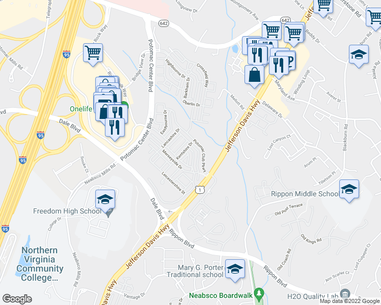 map of restaurants, bars, coffee shops, grocery stores, and more near 2165 Abbottsbury Way in Woodbridge