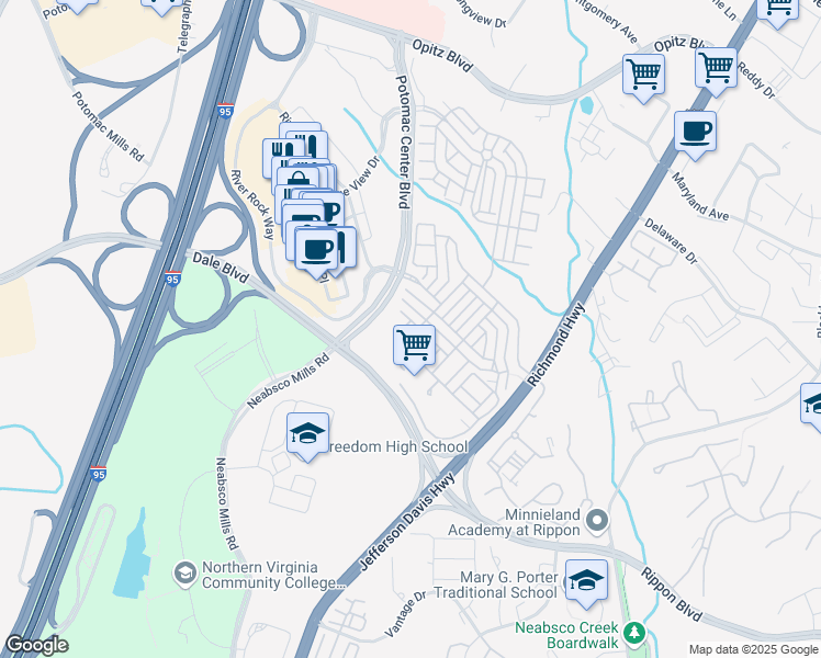 map of restaurants, bars, coffee shops, grocery stores, and more near 15054 Leicestershire Street in Woodbridge