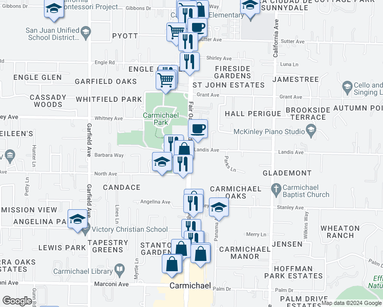 map of restaurants, bars, coffee shops, grocery stores, and more near 6908 Fair Oaks Boulevard in Carmichael
