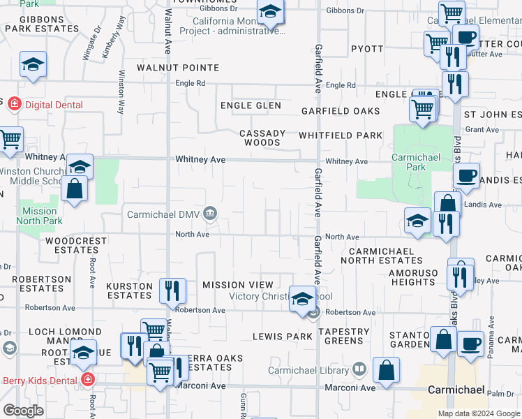 map of restaurants, bars, coffee shops, grocery stores, and more near 3400 Hunter Lane in Carmichael