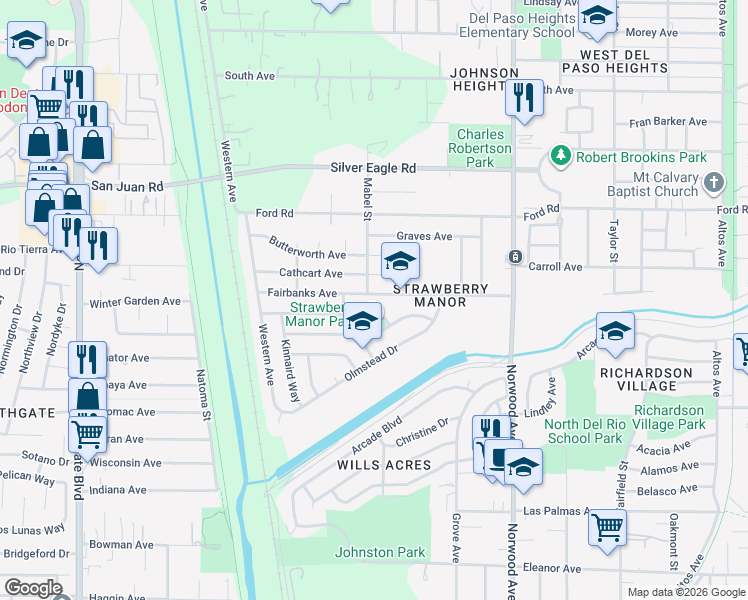 map of restaurants, bars, coffee shops, grocery stores, and more near 194 Cathcart Avenue in Sacramento