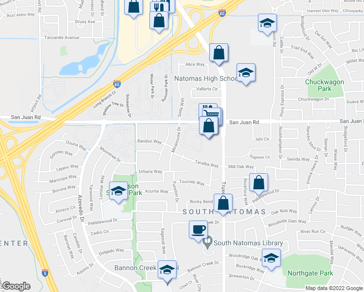 map of restaurants, bars, coffee shops, grocery stores, and more near 201 Del Verde Circle in Sacramento