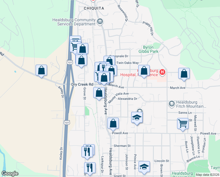 map of restaurants, bars, coffee shops, grocery stores, and more near 1328 Healdsburg Avenue in Healdsburg