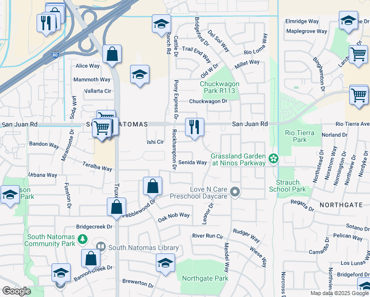 map of restaurants, bars, coffee shops, grocery stores, and more near 1355 Grendel Way in Sacramento