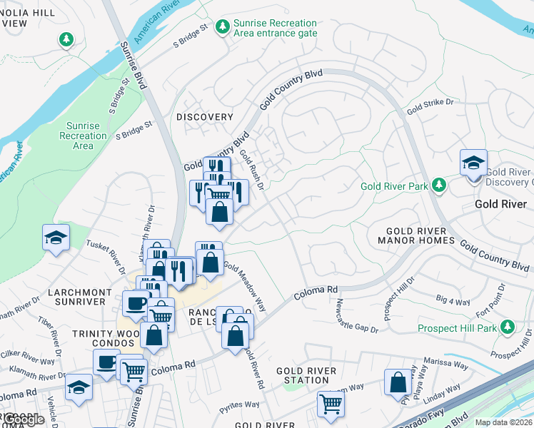 map of restaurants, bars, coffee shops, grocery stores, and more near 2101 Gold Rush Drive in Gold River