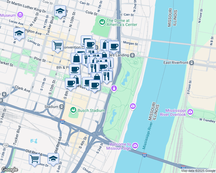 map of restaurants, bars, coffee shops, grocery stores, and more near 315 Chestnut Street in St. Louis