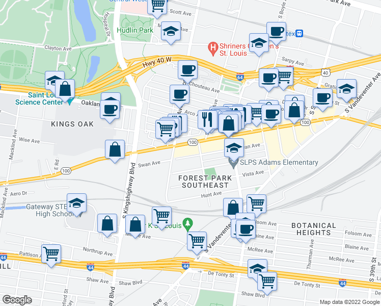 map of restaurants, bars, coffee shops, grocery stores, and more near 4419 Swan Avenue in St. Louis