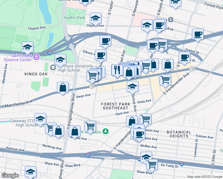map of restaurants, bars, coffee shops, grocery stores, and more near 1123 South Newstead Avenue in St. Louis