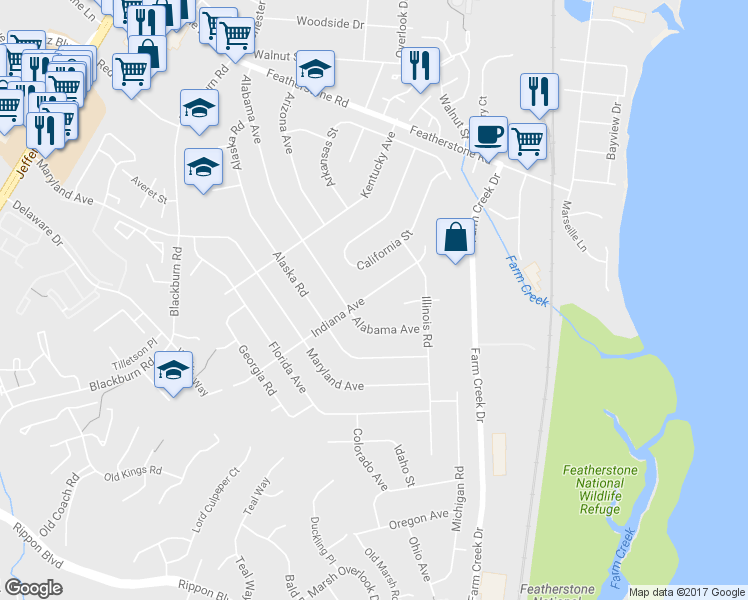 map of restaurants, bars, coffee shops, grocery stores, and more near 1417 Indiana Avenue in Woodbridge