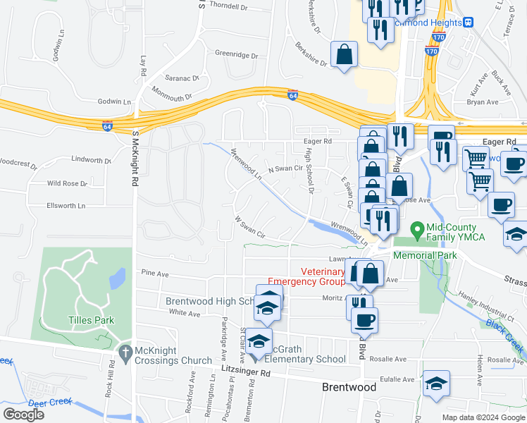 map of restaurants, bars, coffee shops, grocery stores, and more near 1701 Canary Cove in Brentwood