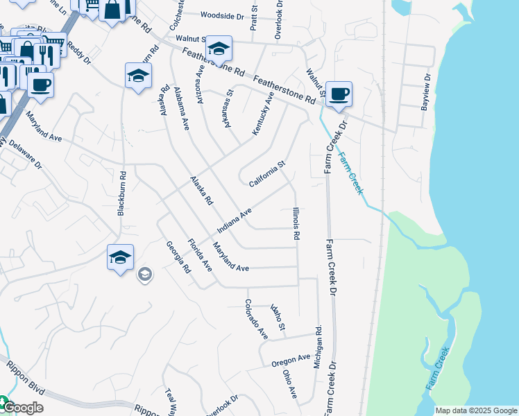 map of restaurants, bars, coffee shops, grocery stores, and more near 1417 Indiana Avenue in Woodbridge