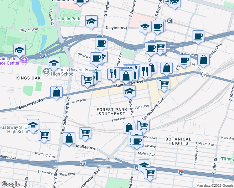map of restaurants, bars, coffee shops, grocery stores, and more near 4343 Swan Avenue in Saint Louis