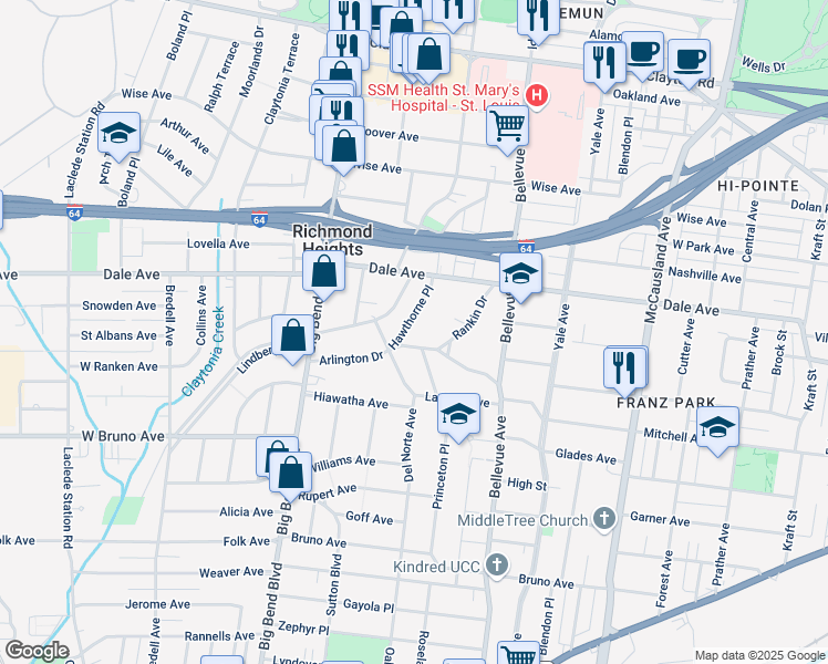 map of restaurants, bars, coffee shops, grocery stores, and more near 1437 Hawthorne Place in Richmond Heights