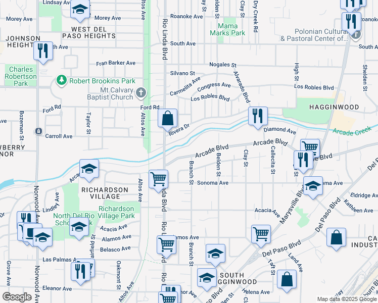 map of restaurants, bars, coffee shops, grocery stores, and more near 999 Arcade Boulevard in Sacramento