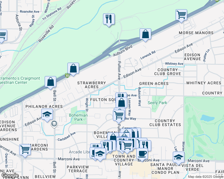 map of restaurants, bars, coffee shops, grocery stores, and more near 2526 Edison Avenue in Sacramento