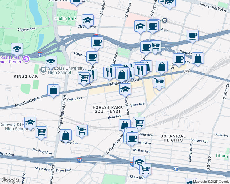map of restaurants, bars, coffee shops, grocery stores, and more near 4352 Manchester Avenue in St. Louis