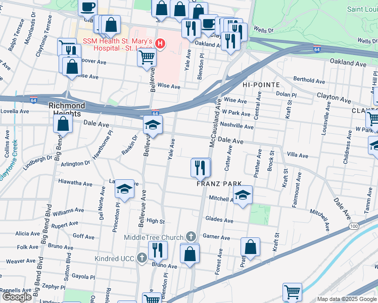 map of restaurants, bars, coffee shops, grocery stores, and more near 7046 Dale Avenue in St. Louis