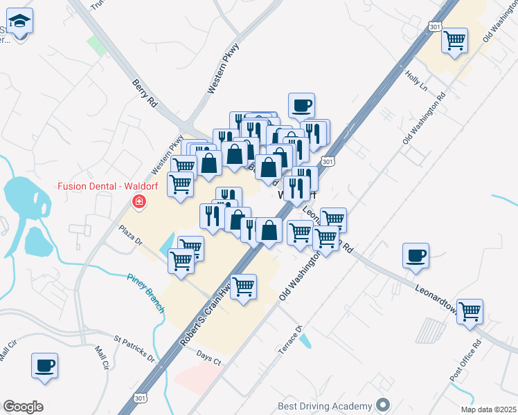 map of restaurants, bars, coffee shops, grocery stores, and more near 3135 Crain Highway in Waldorf