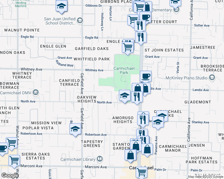 map of restaurants, bars, coffee shops, grocery stores, and more near 3328 Oak Stream Court in Carmichael