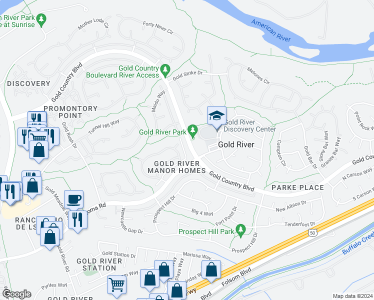 map of restaurants, bars, coffee shops, grocery stores, and more near 11566 Gold Country Boulevard in Gold River