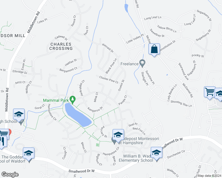 map of restaurants, bars, coffee shops, grocery stores, and more near 6598 Nutria Court in Saint Charles