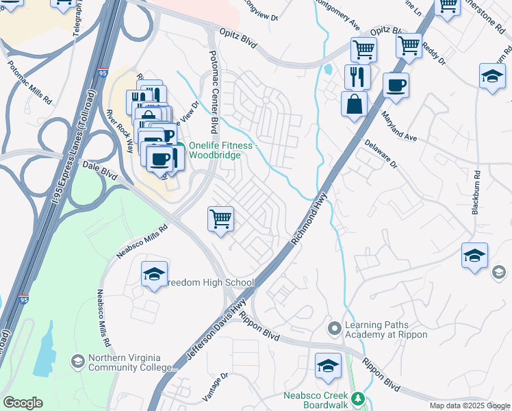 map of restaurants, bars, coffee shops, grocery stores, and more near 15140 Kentshire Drive in Woodbridge