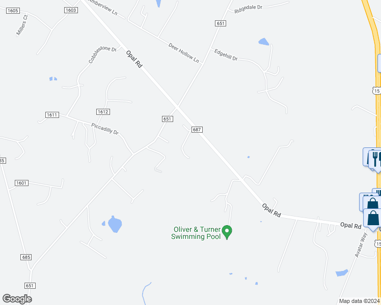 map of restaurants, bars, coffee shops, grocery stores, and more near 7395 Opal Road in Warrenton