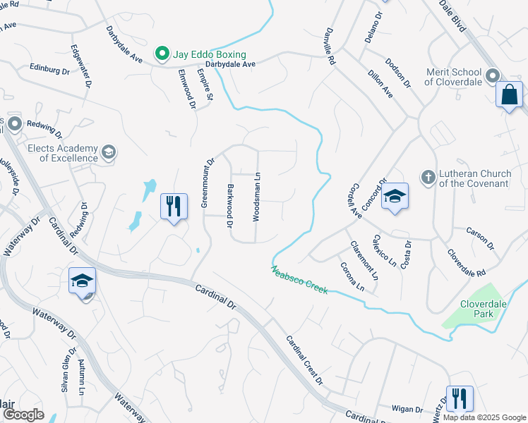map of restaurants, bars, coffee shops, grocery stores, and more near 15151 Woodsman Lane in Woodbridge