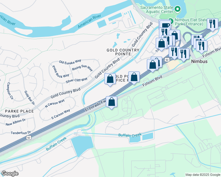 map of restaurants, bars, coffee shops, grocery stores, and more near 11971 Foundation Place in Gold River